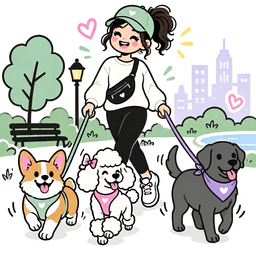 A cheerful dog walker strolling with three happy dogs on colorful leashes